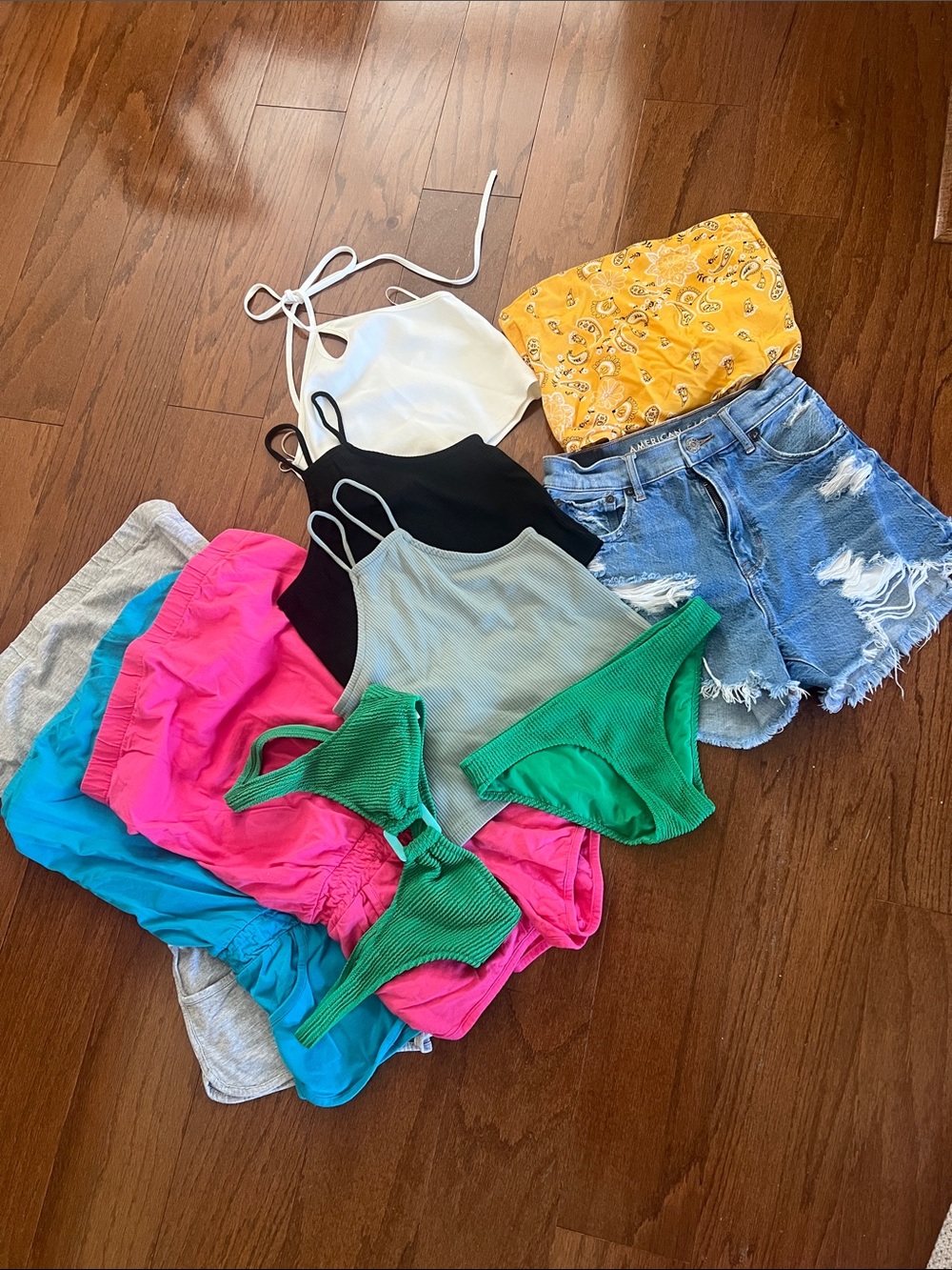 Summer Mix Bundle: Green Bikini Set, Denim Cutoffs & Bright Tops